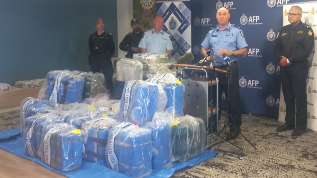 AFP Assistant Commissioner Pryce Scanlan with the drugs seized from a cargo carrier bound for Perth.
