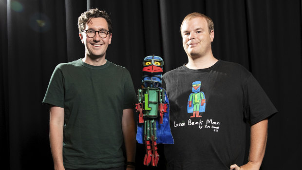 David Morton (left), artistic director of Dead Puppet Society, puppet Laser Beak Man and Tim Sharp, who created Laser Beak Man.