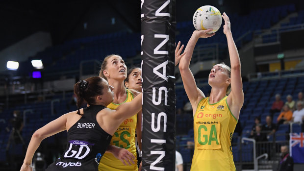 Kiera Austin shoots during an impressive Constellation Cup series against New Zealand.