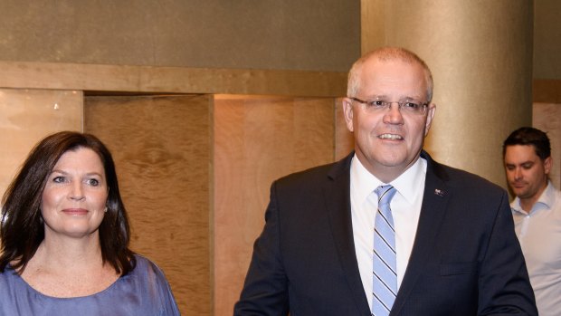 Prime Minister Scott Morrison arrives at the ballroom of the Sofitel Wentworth in Sydney for celebrations.
