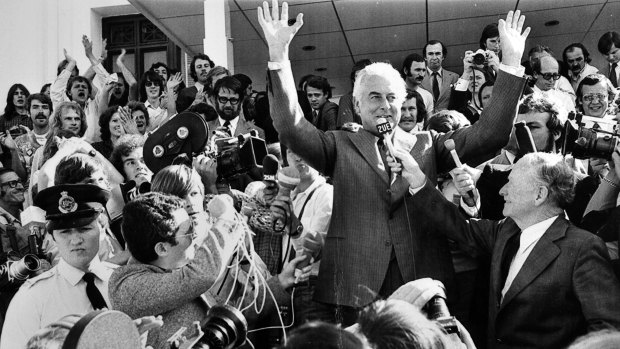 Gough Whitlam on the steps of Parliament after his dismissal in 1975.