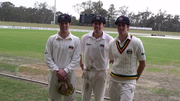 Pat (at right) with his brothers Matt and Tim in 2010.