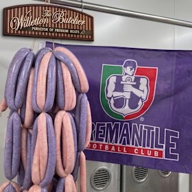 Willetton Butcher is serving purple and white chicken and cheese sausages.