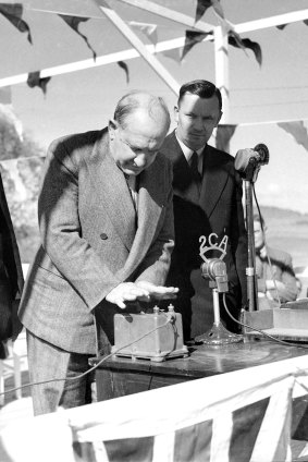 Governor General William McKell detonating the first explosives at the launch of the Snowy Mountains Hydro Electric Scheme on 17 October 1948.