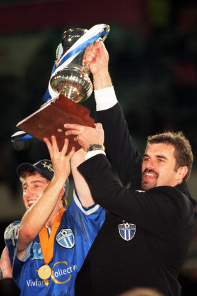 Ange Postecoglou after winning the NSL with South Melbourne in 1999