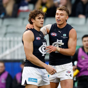 Patrick Cripps and Charlie Curnow of the Blues.
