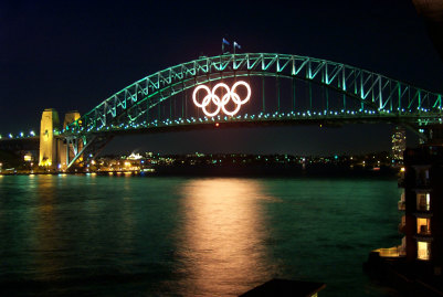 Olympic rings lighting on the Sydney Harbour Bridge by Barry Webb.