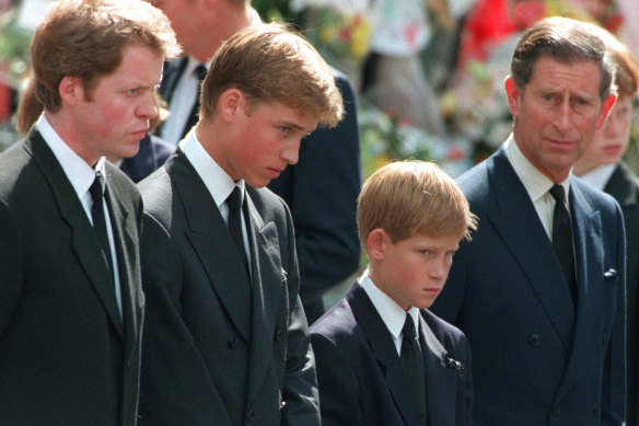 Princess Diana’s sons Princes William and Harry with their father Prince Charles and uncle Earl Spencer outside Westminster Abbey on the day of their mother’s funeral in 1997.