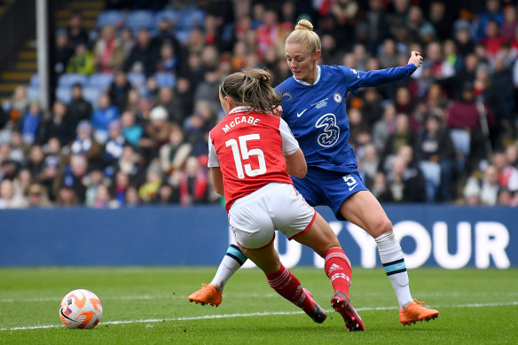 Arsenal’s Katie McCabe draws the foul from Chelsea’s Sophie Ingle inside the box.