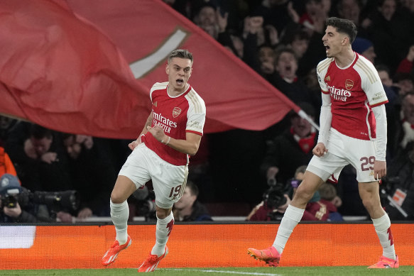 Leandro Trossard celebrates scoring the equaliser for Arsenal shortly after entering the fray.