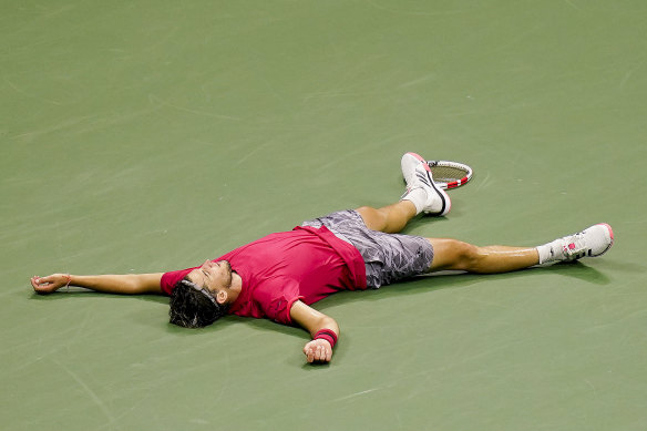 An exhausted Dominic Thiem after winning his first grand slam title.