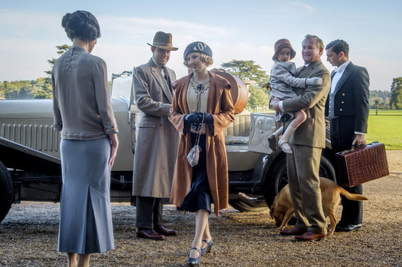 Time moves on at Downton: from left, Elizabeth McGovern as Lady Cora Crawley, Harry Hadden-Paton as Bertie Pelham, Laura Carmichael as Edith Pelham, Hugh Bonneville as Robert Crawley and Michael Fox as Andy Parker.