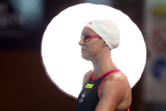 Emily Seebohm looks on ahead of the women’s 100m backstroke final during the 2024 Australian Open Swimming Championships. 