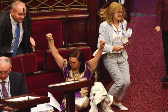 Independent Catherine Cumming (seated) and the Reason Party’s Fiona Patten celebrate the end of the debate.