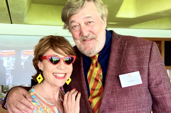 Kathy Lette at the Test match with her friend and cricket tutor Stephen Fry, the current president of the Marylebone Cricket Club.