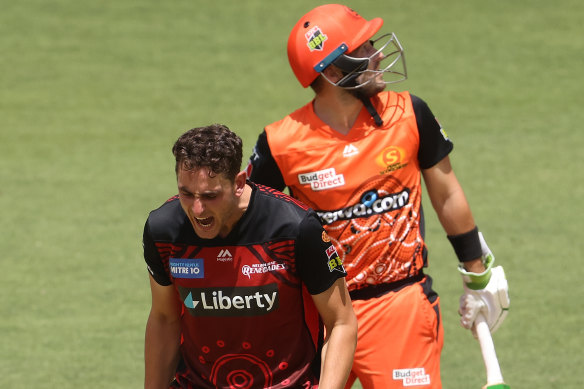 Melbourne Renegades' Peter Hatzolgou reacts after being hit for six. 
