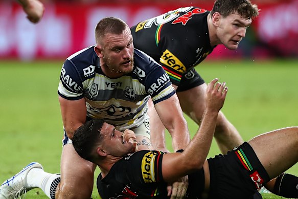Hess and Cleary after that tackle.