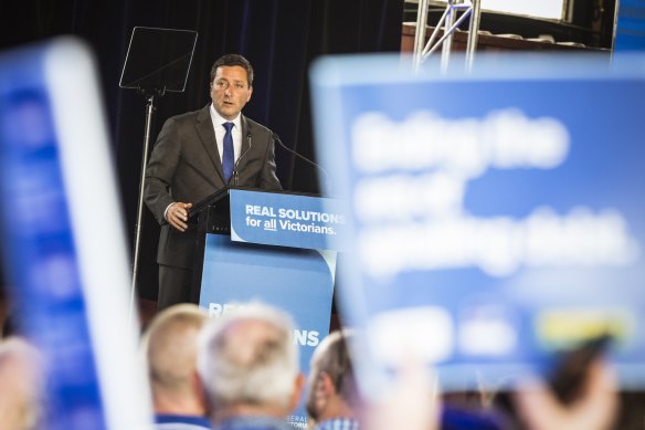 Matthew Guy addressing Liberal members at the party’s campaign launch last year. The former leader has called on party president Greg Mirabella to resign. 