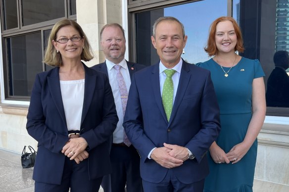 New cabinet ministers Meredith Hammat, Matt Swinbourn and Jess Stojkovski with Premier Roger Cook.