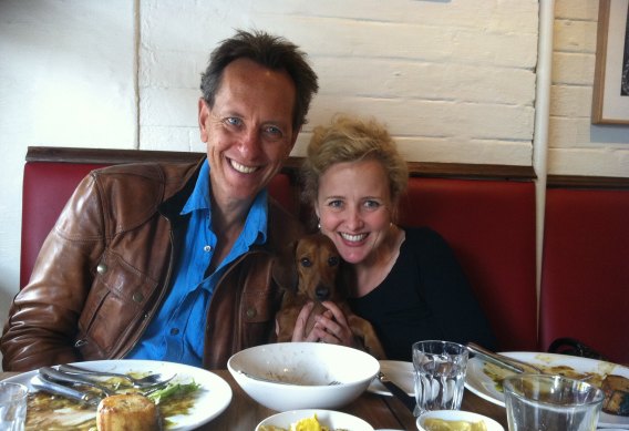 Tayrn Fiebig with Richard E Grant and her sausage dog Malcolm in Sydney.