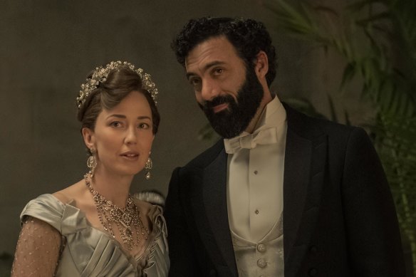 Carrie Coon and Morgan Spector play nouveau riche couple Bertha and George Russell in The Gilded Age.