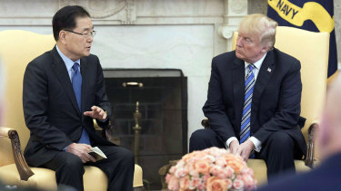 South Korea's national security adviser Chung Eui-yong meets US President Donald Trump at the White House in Washington on March 8.