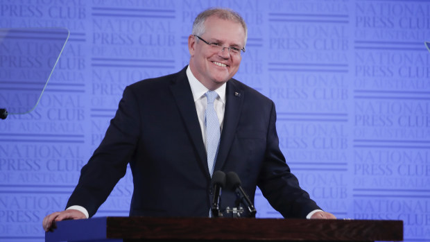 Prime Minister Scott Morrison during his address to the National Press Club of Australia, in Canberra.