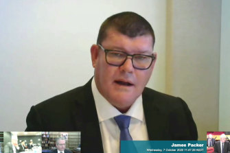 James Packer during the inquiry hearing. Getting out of Crown could lead to him forfeiting his control premium.