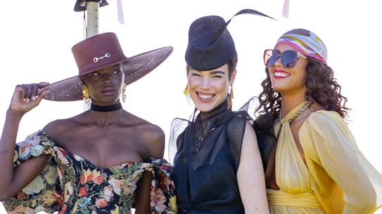 Models at the launch of Fashions on the Field at Flemington Racecourse all wearing Millinery Jill hats.