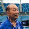 Norman Wong, 95, on centre court at Ken Rosewall Arena for the 2025 United Cup. 