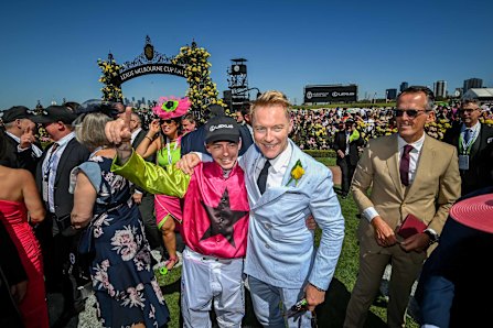 Melbourne Cup-winning jockey Robbie Dolan with pop star Ronan Keating. 