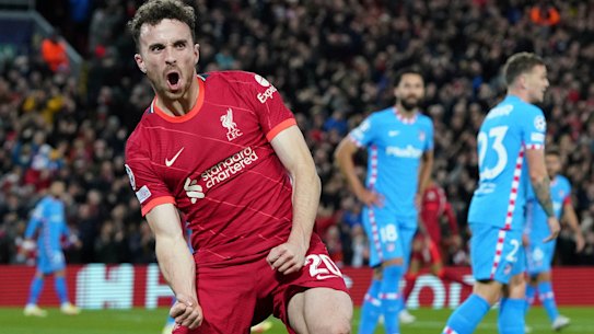 Diogo Jota celebrates scoring for Liverpool.