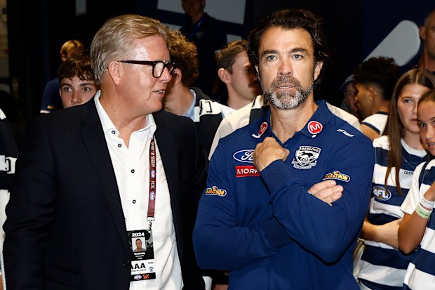 Cats CEO Steve Hocking coach Chris Scott after their win over St Kilda in round one, 2024.