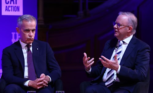Prime Minister Anthony Albanese with Canadian Prime Minister Mark Carney at the Global Progress Action Summit in London in September. 
