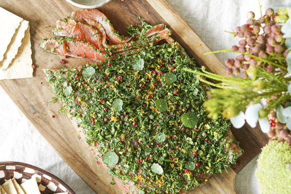 Cured salmon with herb crust and lazy horseradish cream.