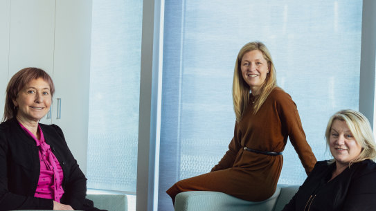 Workplace Safety Minister Ingrid Stitt (right) in 2021 announced a ministerial taskforce into workplace sexual harassment, which was co-chaired by Liberty Sanger (centre) and Thomastown MP Bronwyn Halfpenny.