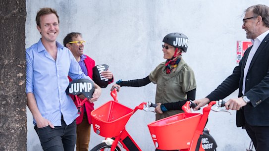 From left: JUMP by Uber General Manager Henry Greenacre, Port Phillip councillor Dick Gross, Yarra Mayor Jackie Fristacky, Melbourne councillor Nicholas Frances Gilley.
