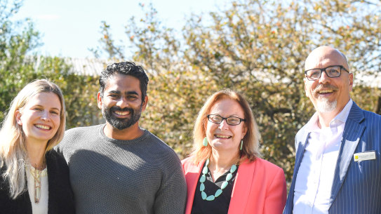 The happy buyers Manu and Kristen with vendor Pamela Sayers and agent and auctioner, Brian Fairweather at the Collaroy auction.