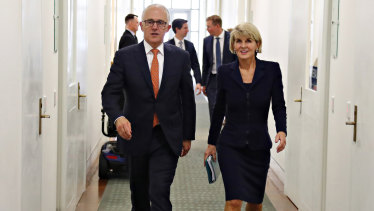Julie Bishop and Malcolm Turnbull leave the leadership spill together on Friday.