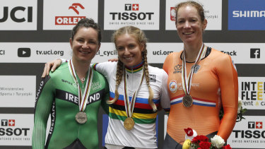 Australian points race gold medallist Alexandra Manly (centre), with Ireland's Lydia Boylan (left) and the Netherlands' Kirsten Wild.