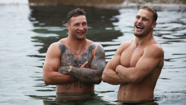 Tariq Sims (left), not Jack de Belin (right), will captain the Dragons this weekend. The pair were part of the NSW Blues set up in 2018.