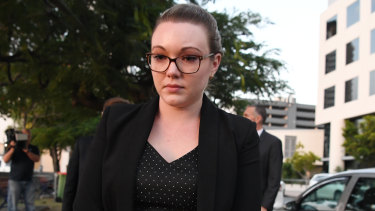 Thunder River Rapids Ride operator Courtney Williams leaves the inquest into the Dreamworld disaster at the Magistrates Court at Southport on Wednesday.