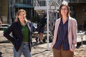 Claudia Karvan (left) and Kelsey Munro on the set of Bump at Sydney Secondary College Blackwattle Bay Campus in Glebe.