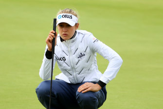 Nelly Korda lines up a putt in the first round of the Women’s British Open.