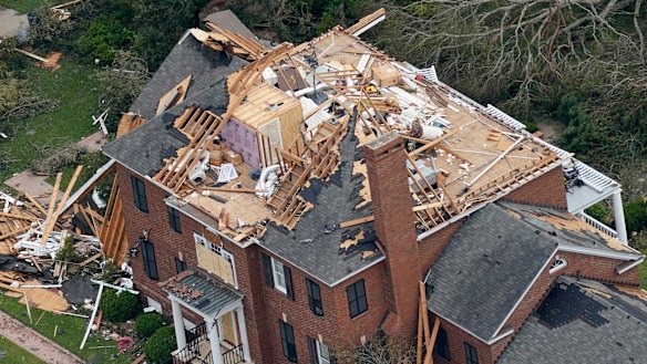 A home in Lake Charles, Louisiana after Hurricane Laura passed.