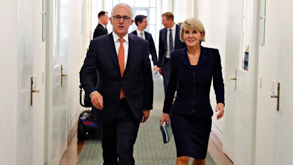 Julie Bishop and Malcolm Turnbull leave the leadership spill together on Friday.