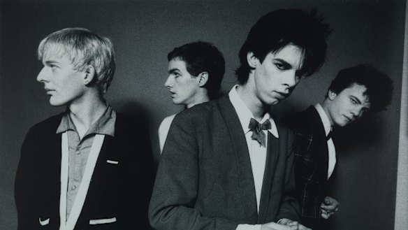 A photoshoot for the cover of Brave Exhibitions in June, 1978. From left: Phill Calvert, Mick Harvey, Nick Cave, Tracy Pew.