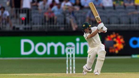 Marnus Labuschagne in action in the first Test against New Zealand at Perth’s Optus Stadium back in 2019.