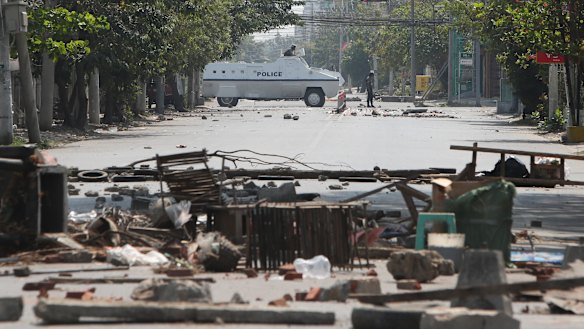 A police armed vehicle moving during the protest against the military coup in Mandalay, Myanmar, on Sunday.