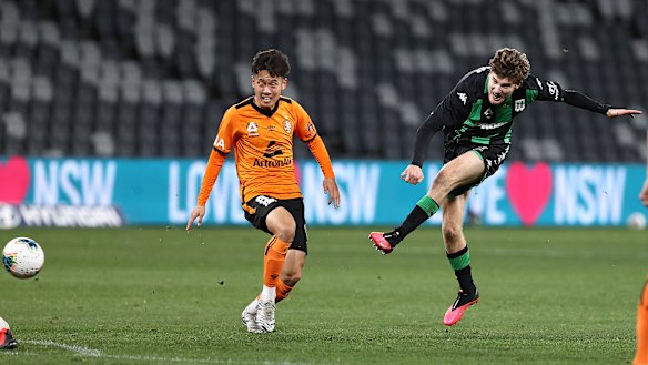 Hitting the target: Max Burgess fires a shot on goal for Western United.